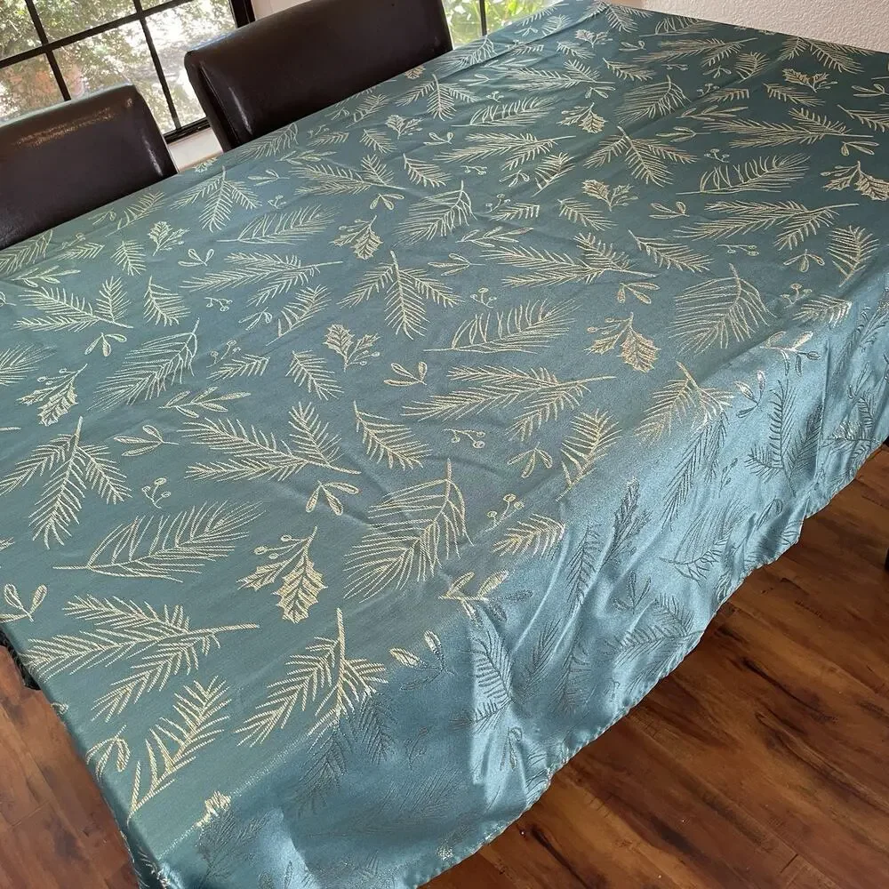 Christmas Holiday Glitter Tablecloth Green Gold Holly Pine‎ Leaves 60